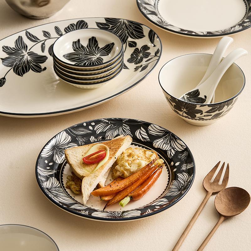Hand Drawn Floral Ceramic Tableware, Rice Bowls, Ceramic Plates, Dessert Plates, Soup Bowls, Seasoning Plates, Kitchen Utensils