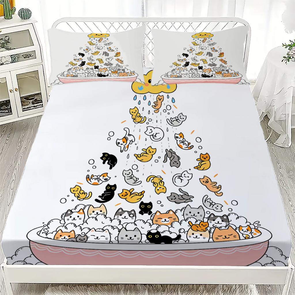 Cute Cats In Bathtub Fitted Sheet Set White Cartoon Cat Pattern With Pillowcases For Bedroom