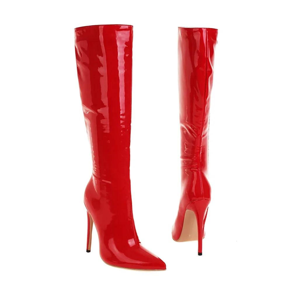 2025 Winter Women Knee High Modern Boots Patent Leather Big Size 34~46 Sexy Stiletto PU Party Shoes Botas De Invierno Para Mujer