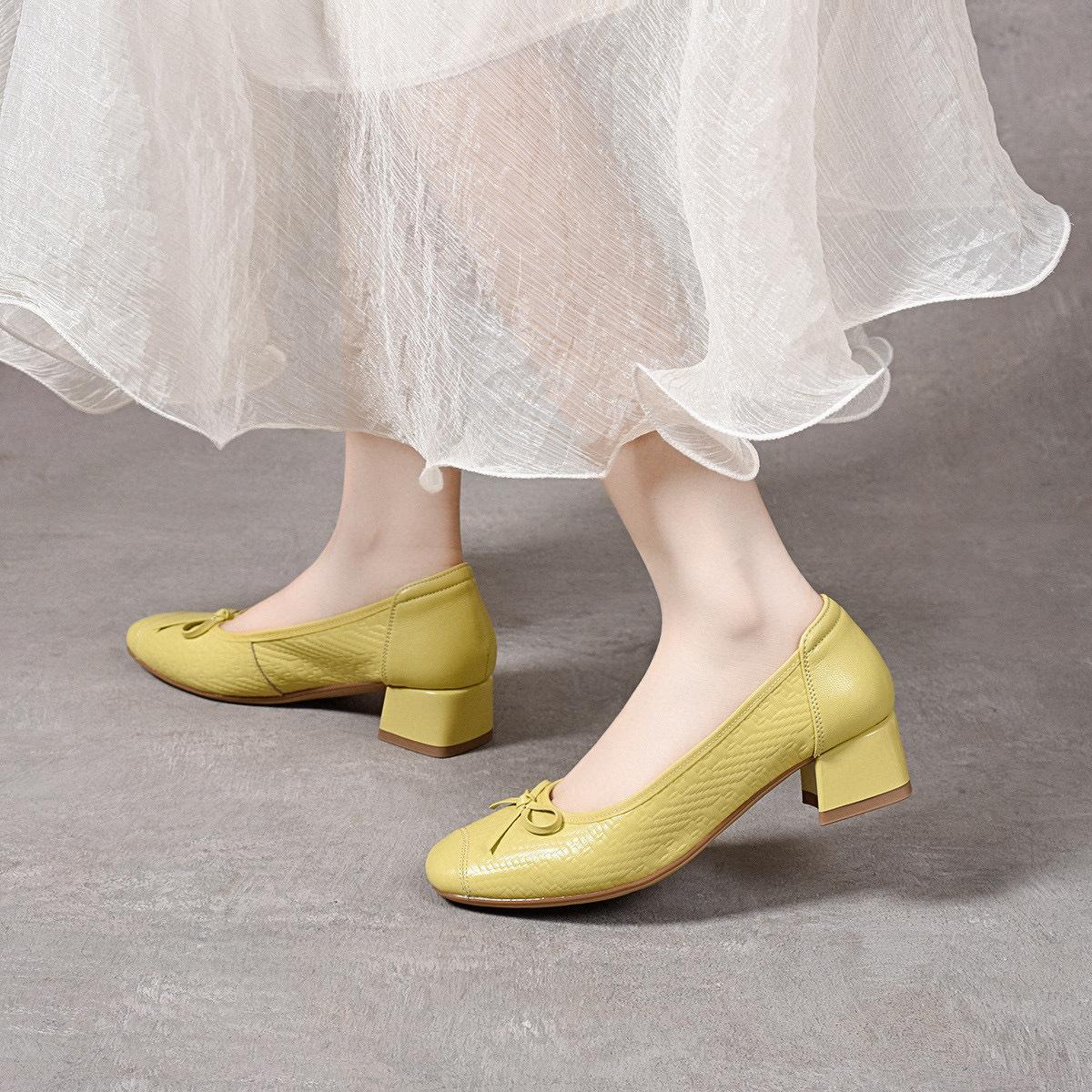 

Женские туфли на высоком каблуке с квадратным носком, весна-лето, с бантом, с открытым верхом, на толстом каблуке средней высоты, одинарные туфли на одной педали, туфли Мэри Джейн 40 жёлтый
