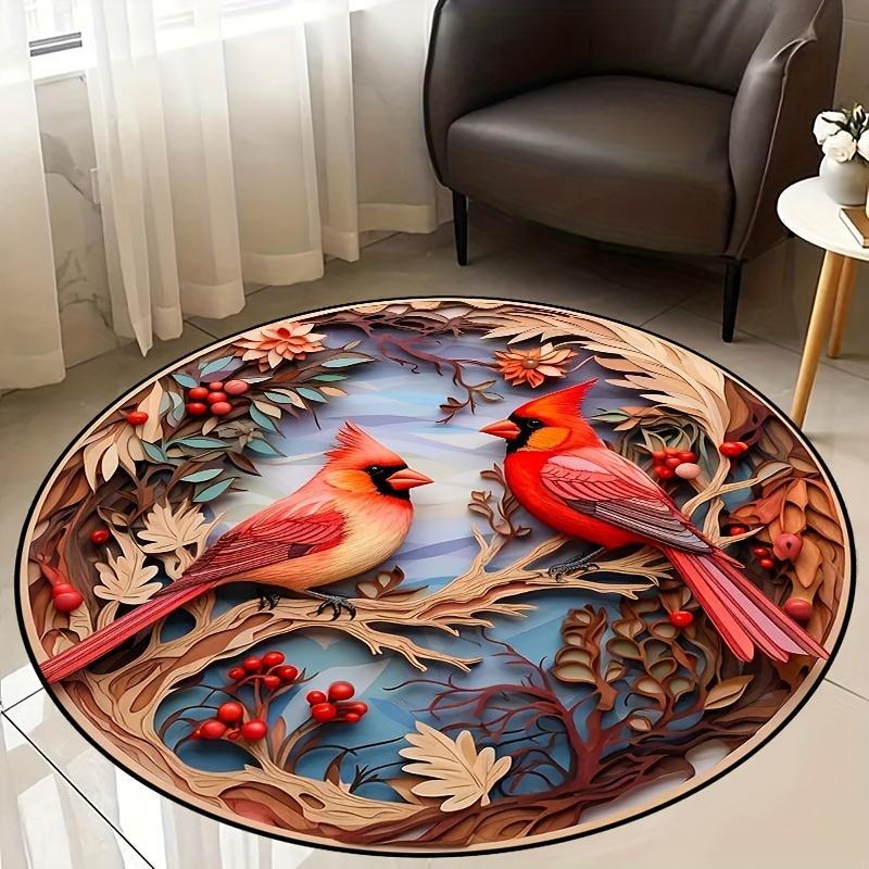 3D Art Birds Cardinal Round Rug For Home Living Room Bedroom Bathroom Kitchen Door Mat Non-slip Machine Washable Carpet