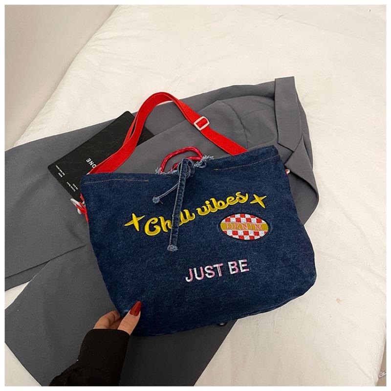 Trend embroidery casual versatile large capacity portable tote bag denim shoulder messenger bag