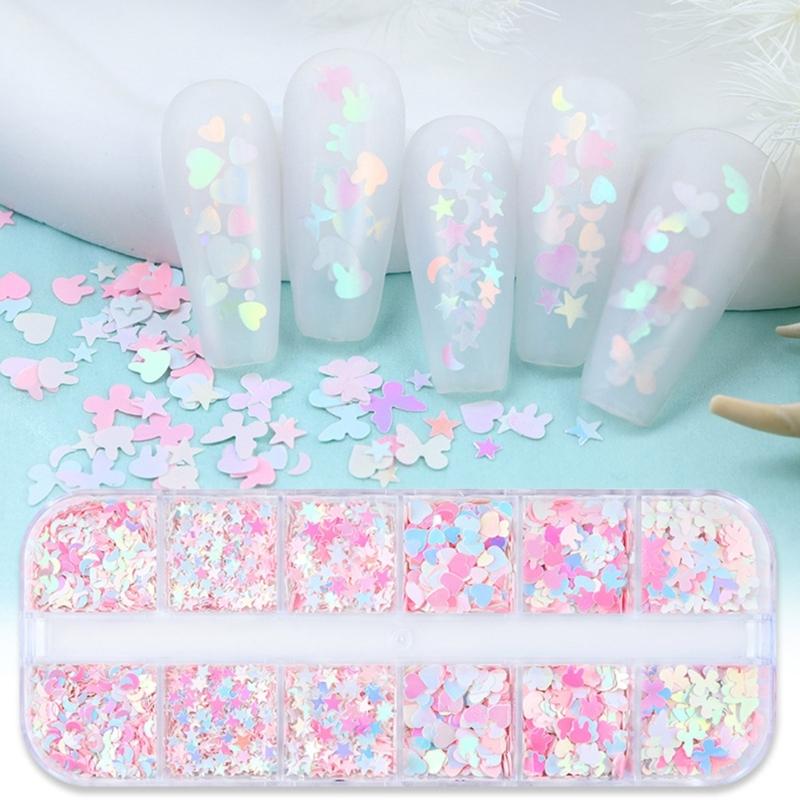 Nail Embellishments Nail Sequins Colorful Nail Glitter Paillette Mixed Size Nail Art Stickers for Nail Decors 12-Grid