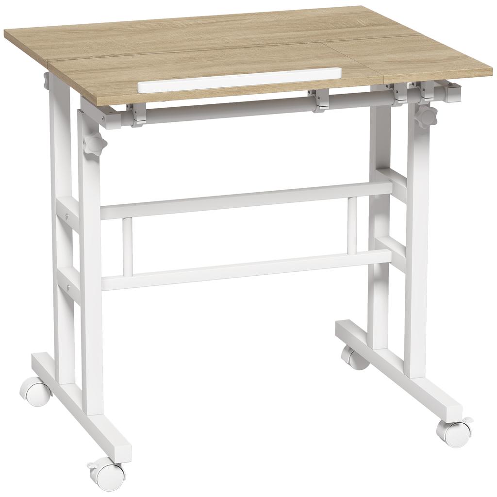 Sit-Stand Desk, Height Adjustable, 70 x 60 cm, Casters, Tilting Top, Brown Metal Frame