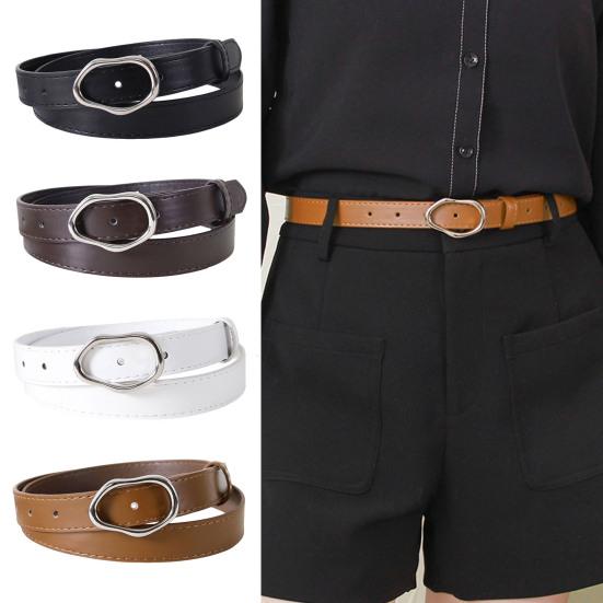 Imitation Leather Women Belt Versatile Solid Color Design Irregular Oval Buckle Pin Waistband Dress Shirt Top Waist Belt