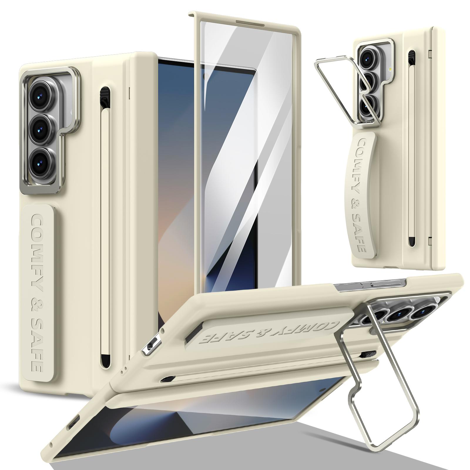 

Stylus Pen Case For Samsung Galaxy Fold 7 6 5 4 Cover Glass Screen 360 Hinge Full Protector Metal Lans Stand Silicone Hand Belt Galaxy Z Fold7 абрикосовий