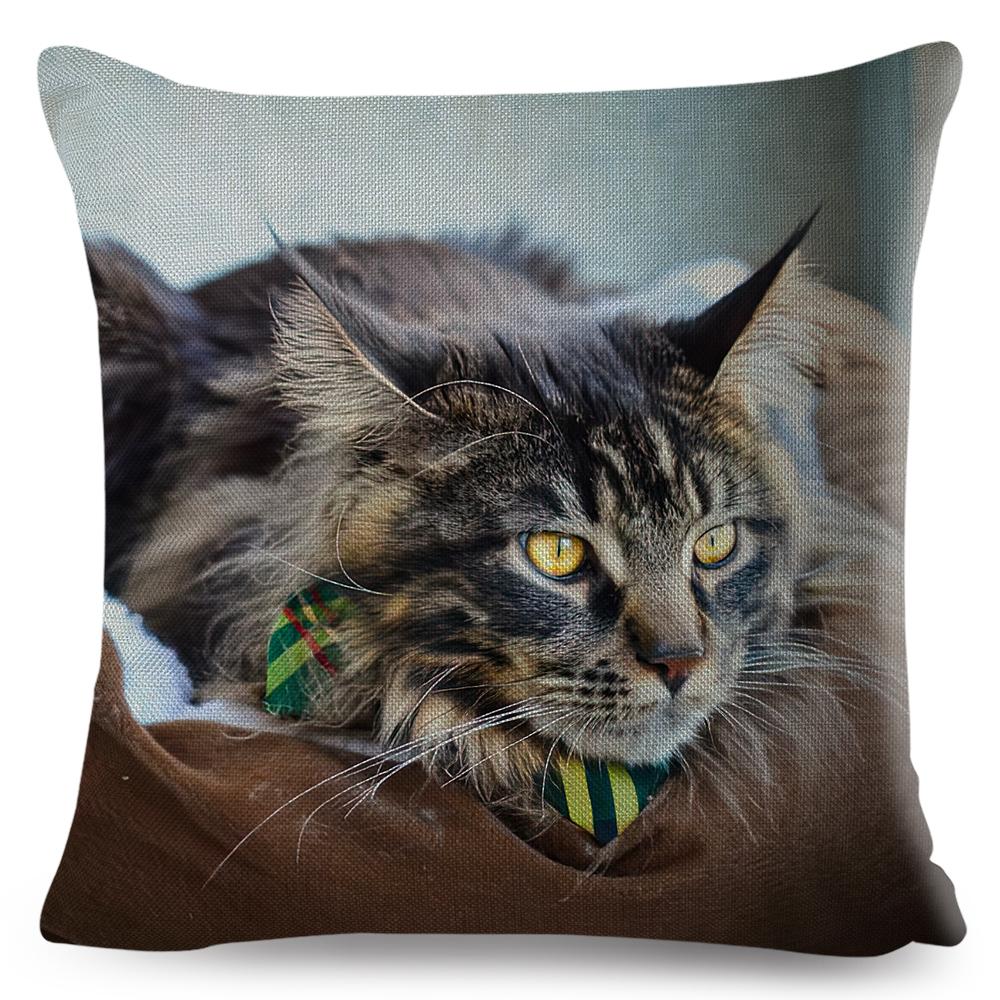 Maine Coon Cat Portrait Cushion Cover Realistic Animal Print Double Sided Soft Linen Home Decor Pillow Case