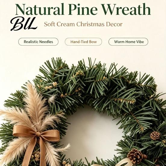 Natural Look Pine Wreath Artificial Norfolk for Front Door, Christmas Faux Greenery Needle DIY Base Wreath, Winter Farmhouse Holiday Hanging
