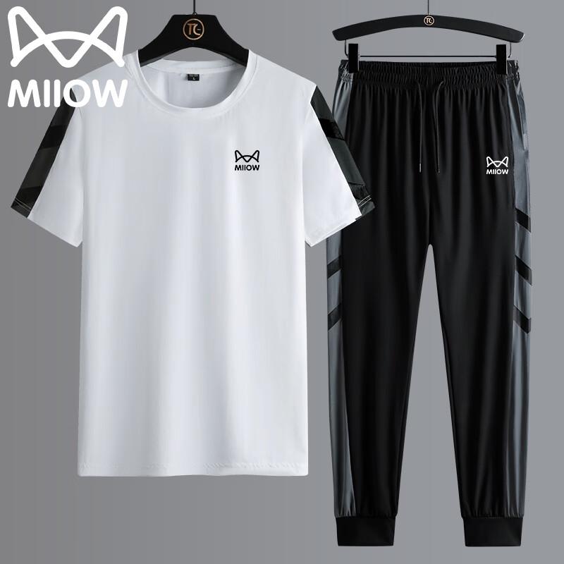MiiOW Men s Summer Ice Silk Quick-Dry Sports Two-Piece Set (T-Shirt & Pants) L