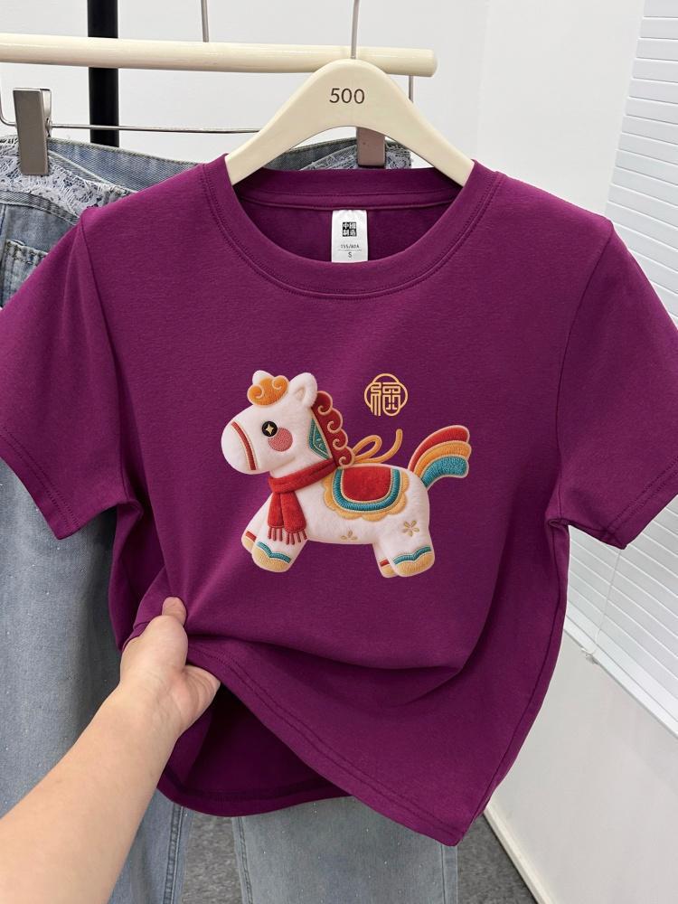 2026 Women's Plus Size T-shirt: Little Horse Print, Round Neck, Short Sleeve, Stylish, Tummy-Covering Design