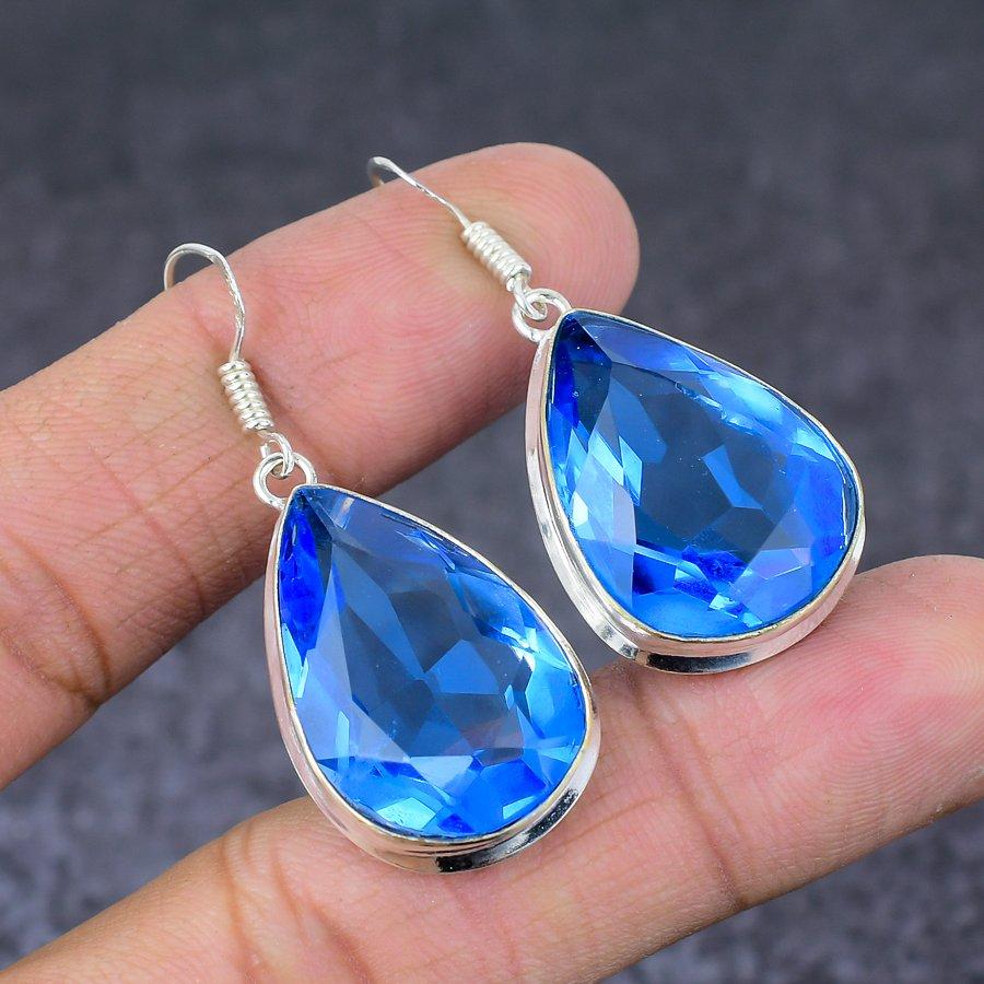 London Blue Topaz Gemstone 925 Sterling Silver Jewelry Earring 1.89"
