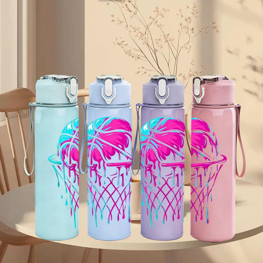 1PC Color Basketball Hoop Splash Print 750ml Color Plastic Water Bottle Leakproof Flip Straw Lid For Sports Office Home Use