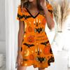 Summer Fashion Women's V Neck Short Sleeve Pumpkin Head Printed  Dress Sex Short Skirt Dresses Halloween Limited Edition