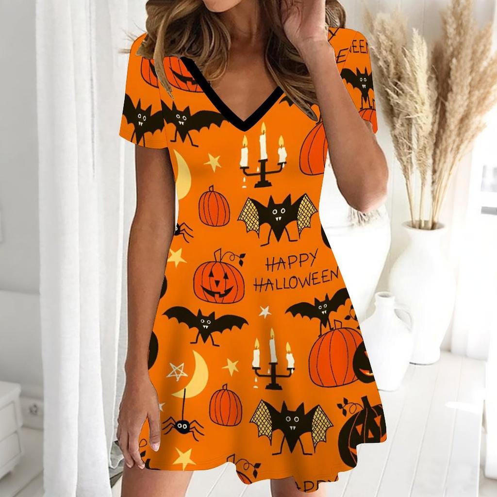Summer Fashion Women's V Neck Short Sleeve Pumpkin Head Printed  Dress Sex Short Skirt Dresses Halloween Limited Edition