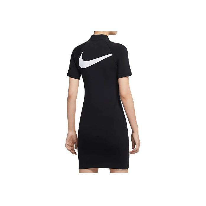 Nike Sportswear Swoosh Casual Long Dress Half Zip Athletic Slim Fit Short Sleeve Dress Women Dresses Black CU5675-011