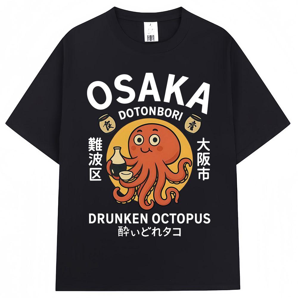 Japanese Style Drunken Octopus Osaka Graphic T Shirts Dotonbori Unisex Unisex Fashion Vintage Short Sleeve Oversized Cotton T Shirt