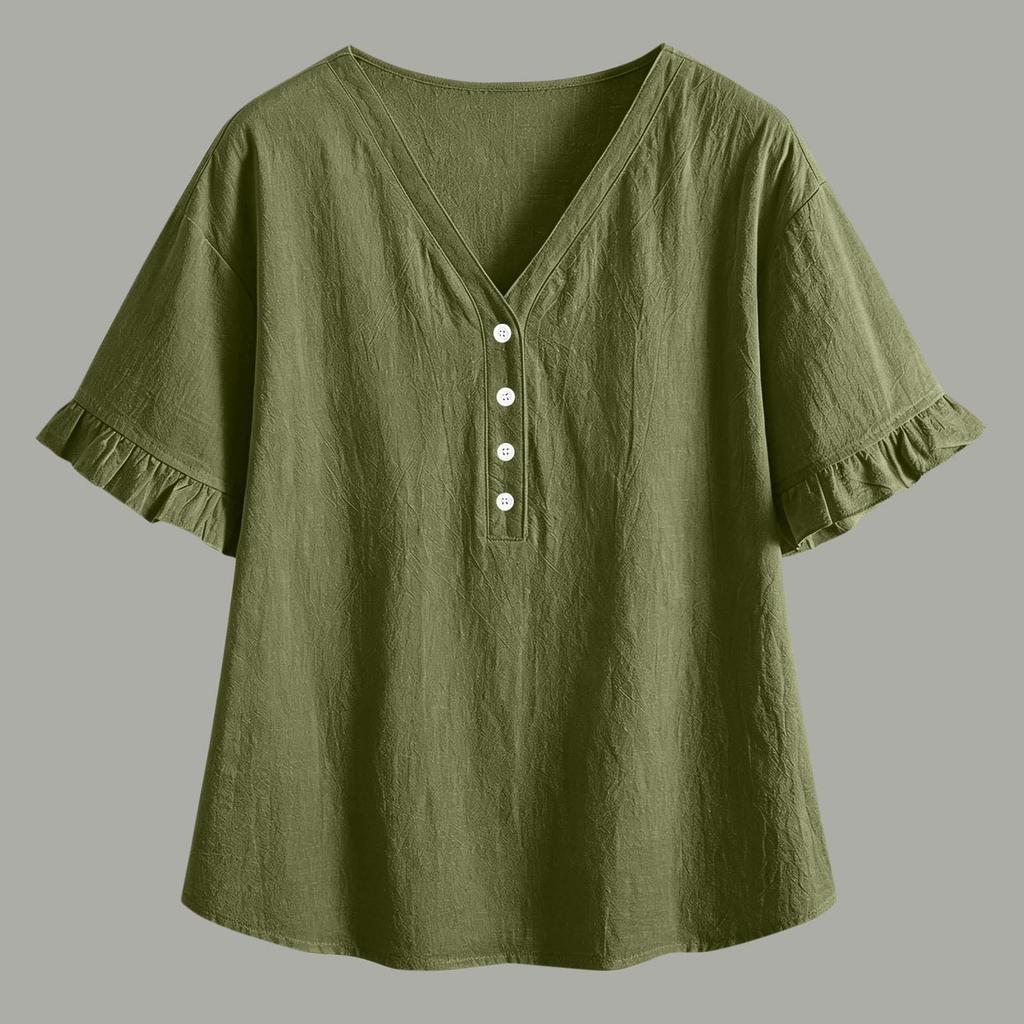 Women’s Casual Button Front Ruffle Sleeve Shirt Loose Fit Cotton Linen Blouse Relaxed Fit V Neck Top for Daily Wear