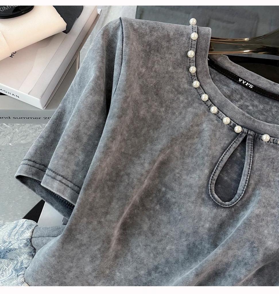 Women's Summer Slimming Midi Skirt Two-Piece Set with French Lace Stitching – Elegant and Stylish.