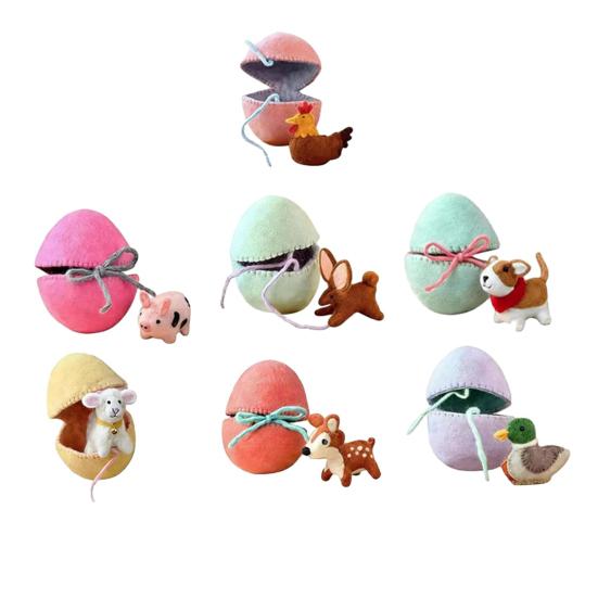 3/6pcs Easter Egg Ornament with Hidden Felt Animal Toy Handmade Lace-Up Egg with Animal Inside Desktop Easter Holiday