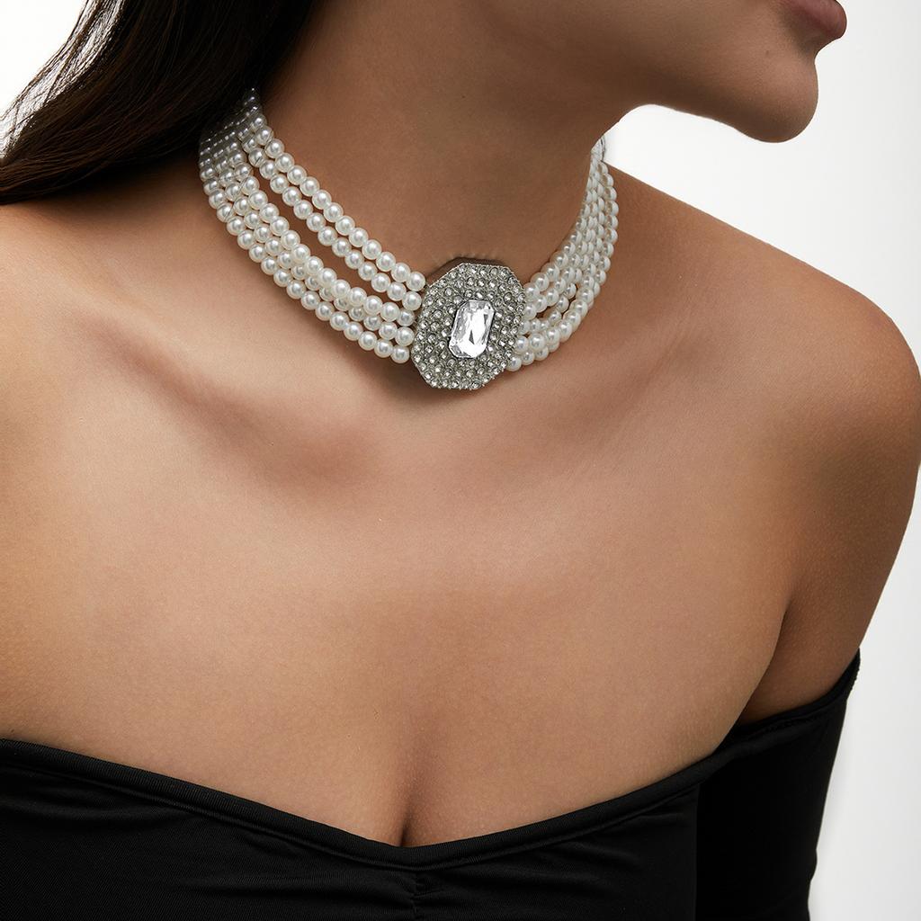 European and American French Retro Beaded Choker Necklace, Imitation Pearl Square Rhinestone Fashion Collar Jewelry for Women