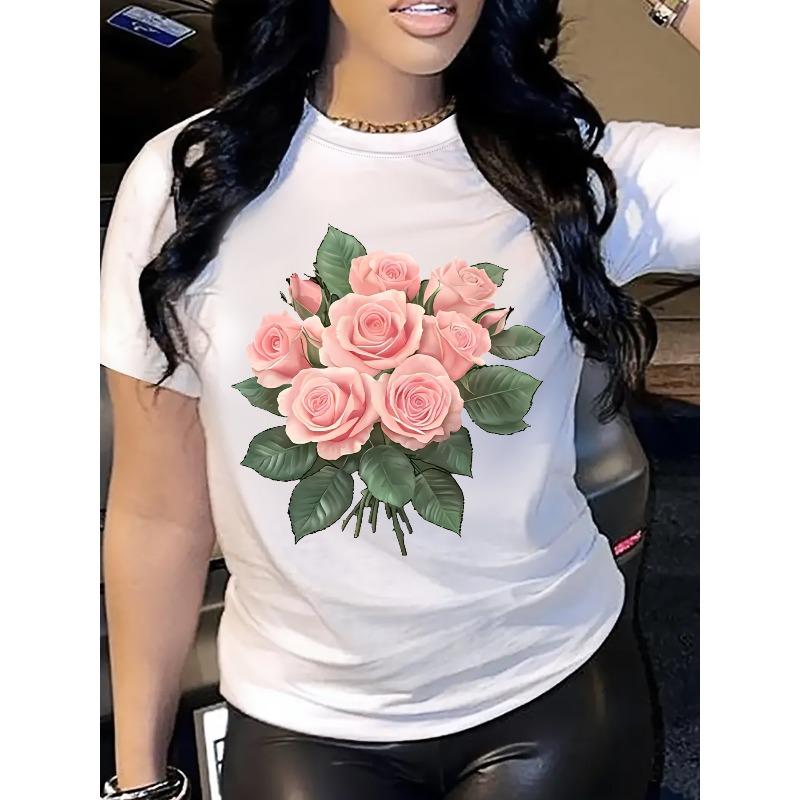 T-shirt da Donna con Stampa Floreale - Top Casual Girocollo a Maniche Corte, Design con Rose Rosa e Foglie Verdi, Stile Primavera & Estate, Abbigliamento Casual Primaverile