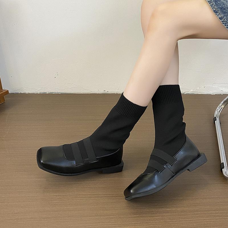 Square head thin knitted socks boots women's shoes 2025 new autumn and winter socks shoes loafer short boots with socks boots