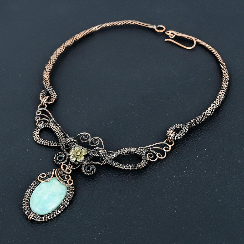 Amazonite Necklace Handmade Jewelry, 999 Copper Wire Wrapped Necklace Designer Gemstone Jewelry Adjustable Chain Necklace Gift For Mom