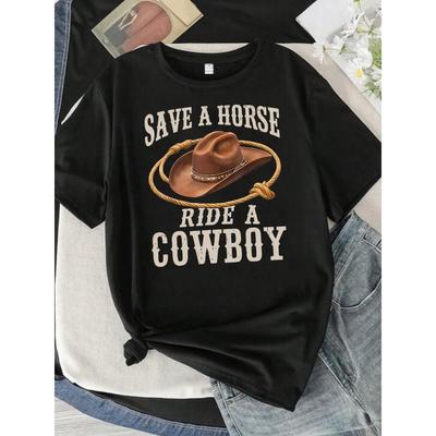 Cowboy Hat and Rope Pattern Round Neck Plus Size Women T-shirt Short Sleeve Trend Printing Elastic Half Sleeve T-shirt