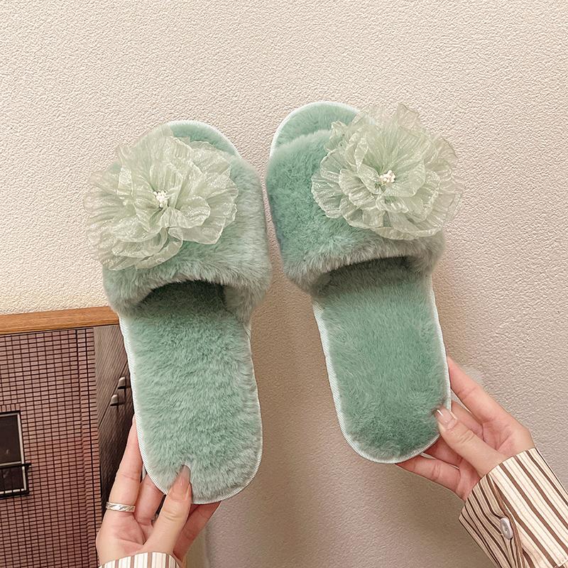 fashion 2024 Winter New Fashion Women's Solid Color Plush Flower Decorated Cotton Mops