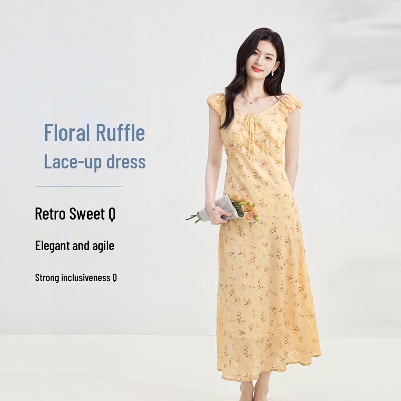 FivePlus French Sweet Ruffle Floral Midi Dress S