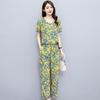 Sommeranzug für Frauen im mittleren Alter Neue elegante zweiteilige Sets Damen-Outfits Lose Vintage-Druck-Hosen-Set mit weitem Bein