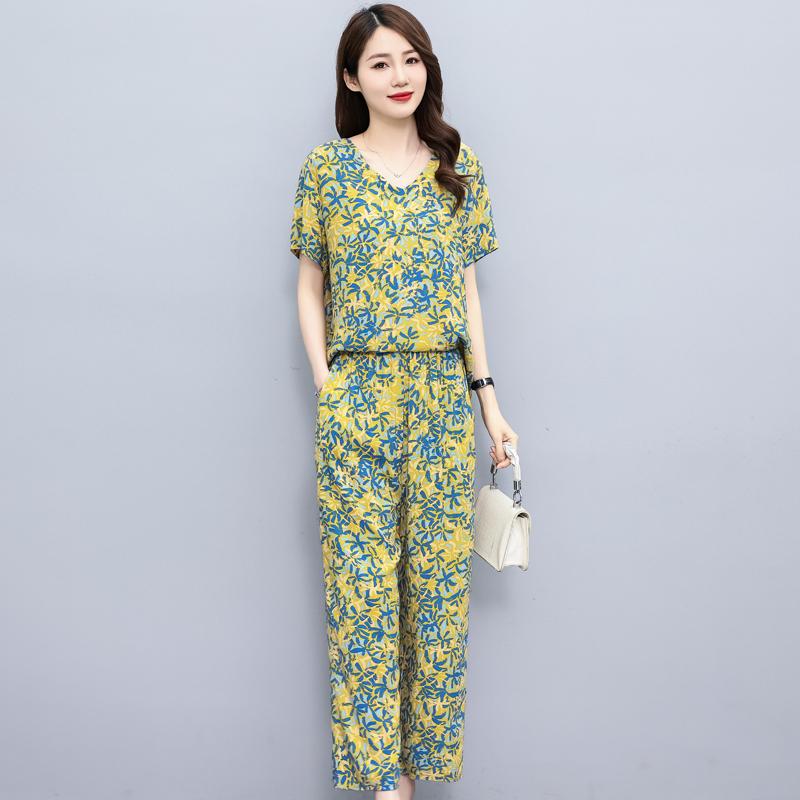 Sommeranzug für Frauen im mittleren Alter Neue elegante zweiteilige Sets Damen-Outfits Lose Vintage-Druck-Hosen-Set mit weitem Bein