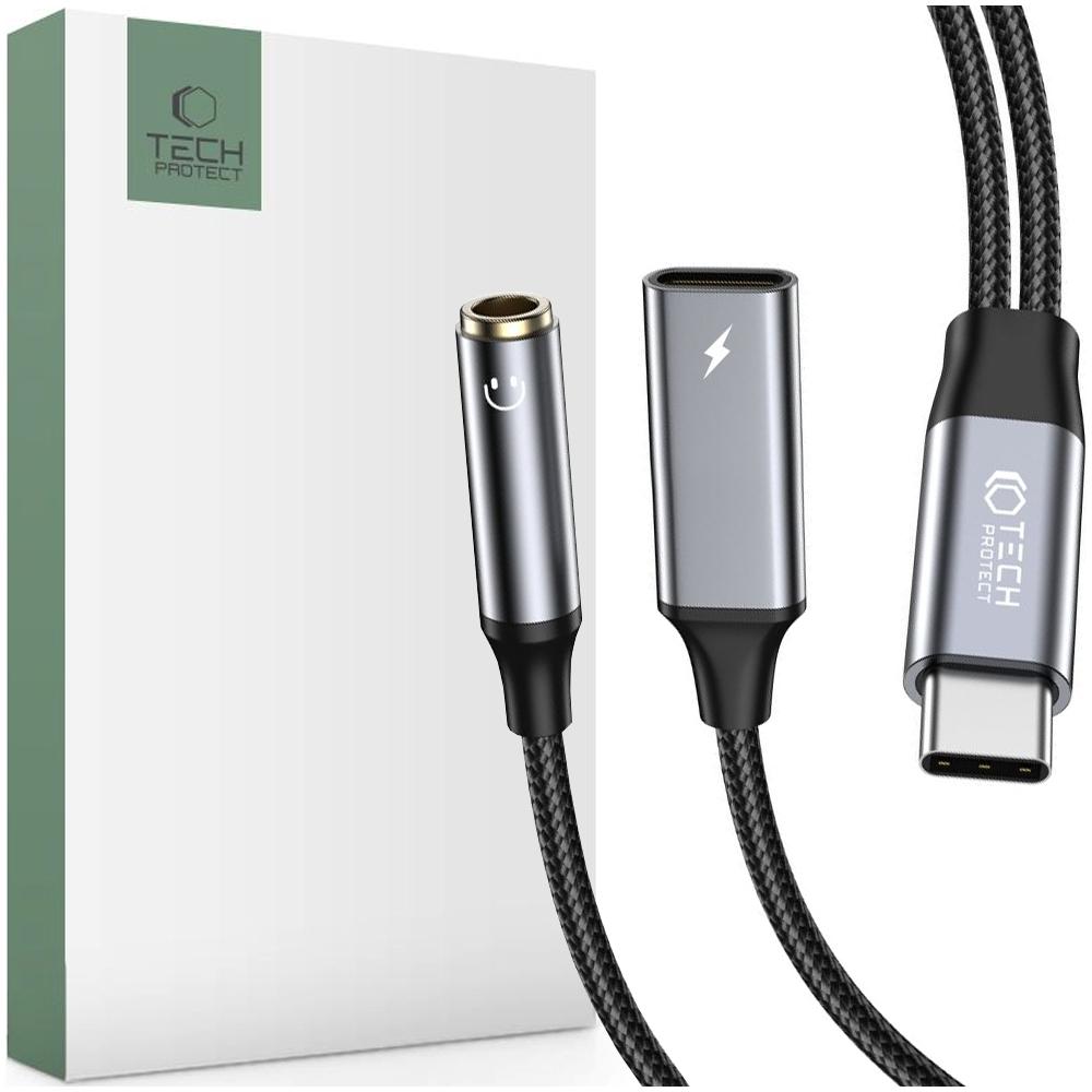 Tech-Protect Ultraboost Cable Adapter Pd60W/6A Type-C To Mini Jack 3.5Mm & Type-C Black