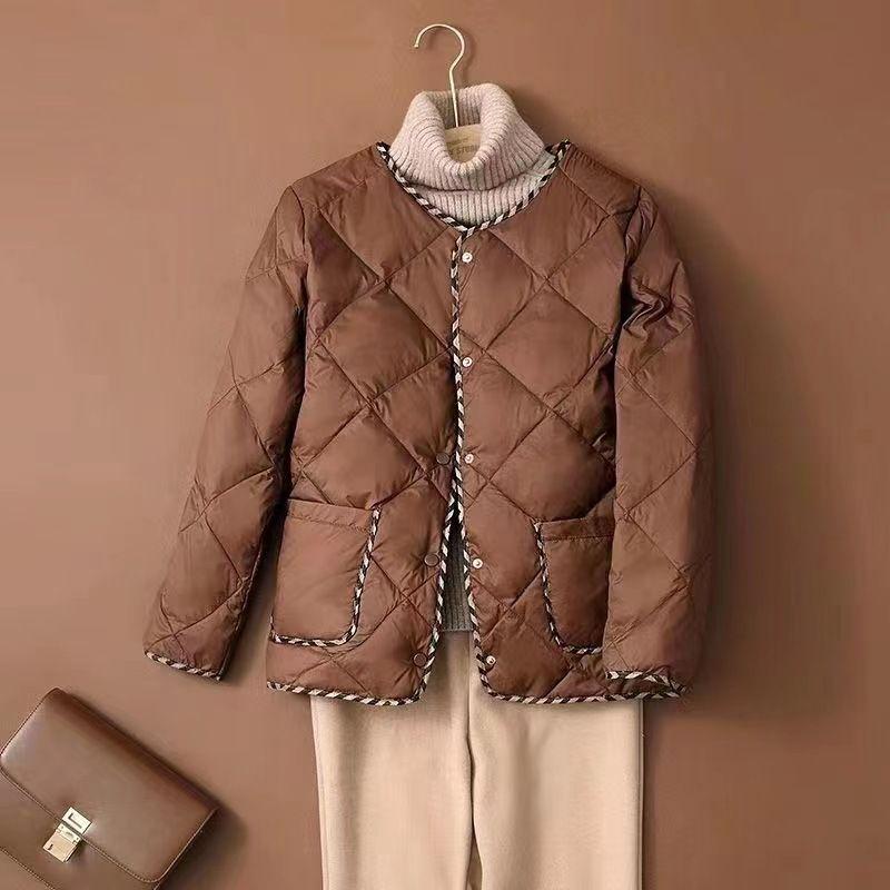Kurze Baumwolljacke für Damen, Retro Rundhalsausschnitt, Herbst und Winter, Klassisches Karomuster