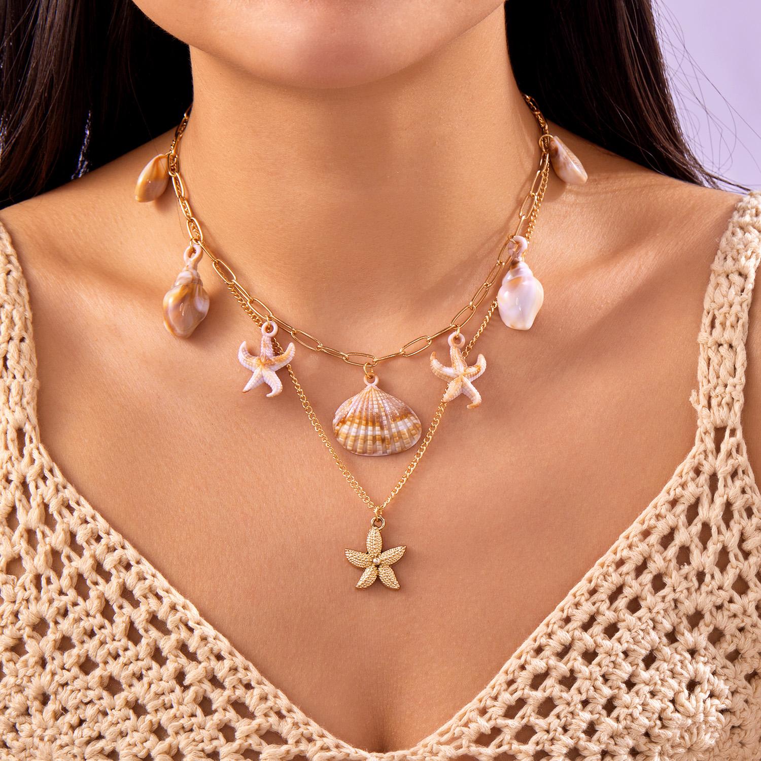 

Bohemian Summer Shell Starfish Conch Pendant Necklace for Women Gold Color Metal Chain Choker Vacation Party Beach Charm Zircon