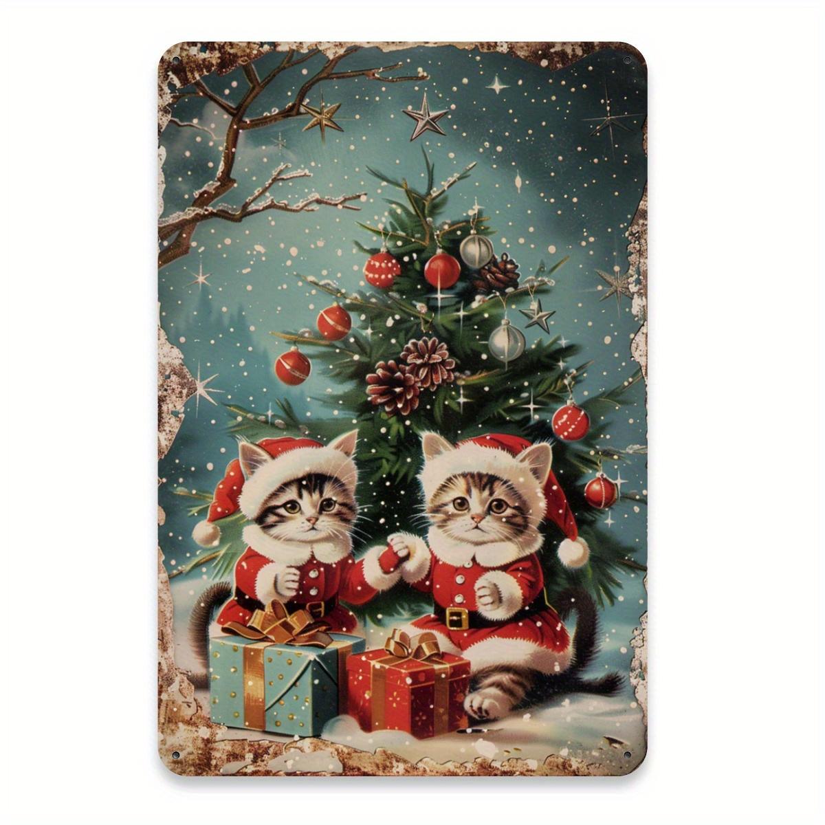 

Christmas Kitten Metal Sign Durable Iron Wall Decor with Santa Hats Festive Aluminum Foil Carved Art for Home Garden Coffee 20x30cm（7.8x11.8inch）
