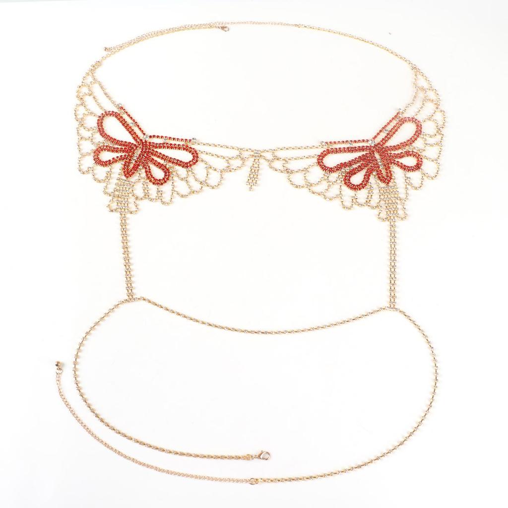 Red Butterfly Rhinestone Body Chain Bikini Bra for Nightclub and Beach