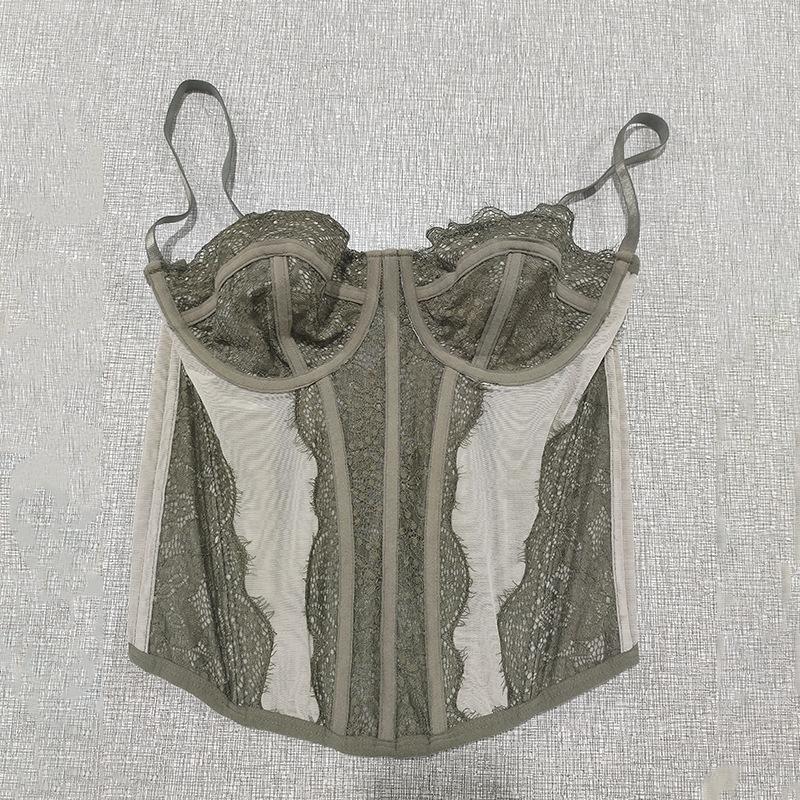 Damen Durchsichtiges Spitzenkorsett Cami-Oberteil, Spaghettiträger Bustier, Fischgräten Schlankmachendes Trägerloses Schlauchoberteil
