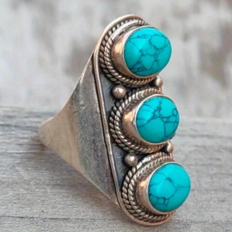 Ethnic CopperColor Inlaid Imitation Turquoise Women's Ring Geometry Daily Wear Party Jewelry