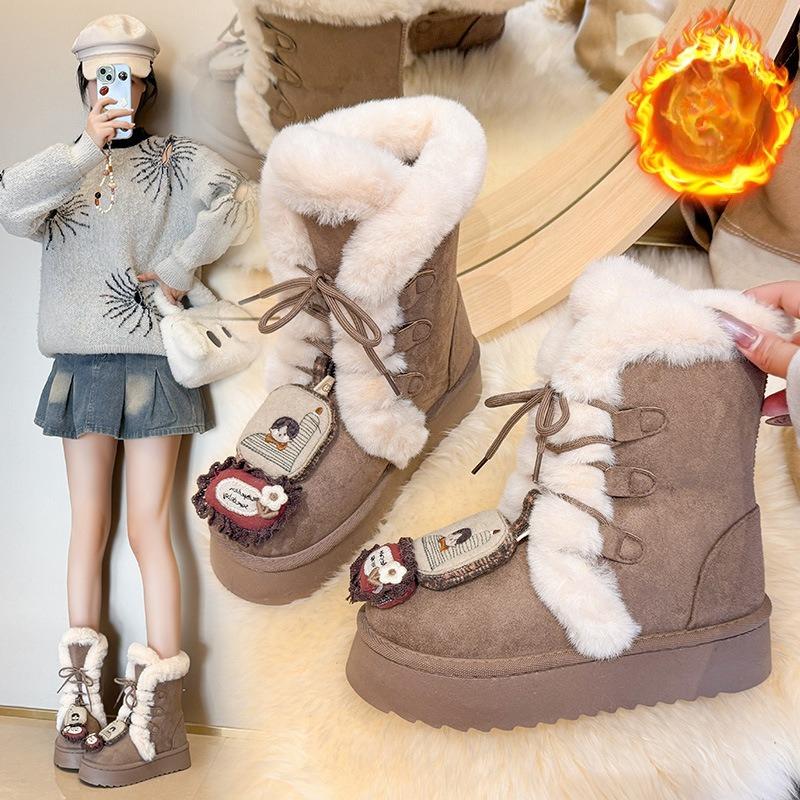 Women's Lace-up Large Size Thick Sole Winter Warm Fur Snow Boots Padded Lined Ankle Boots Anti-slip Hiking Sports Cotton Boots