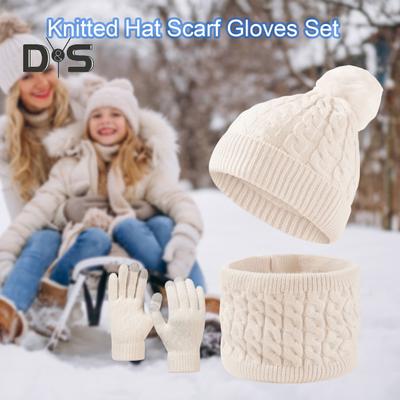 3 Pcs/Set Hat Scarf And Gloves Set Thick Knitted Warm Cap Gloves Twisted Texture Elastic Touch Screen Gloves Ear Protection Windproof Winter Outdoor