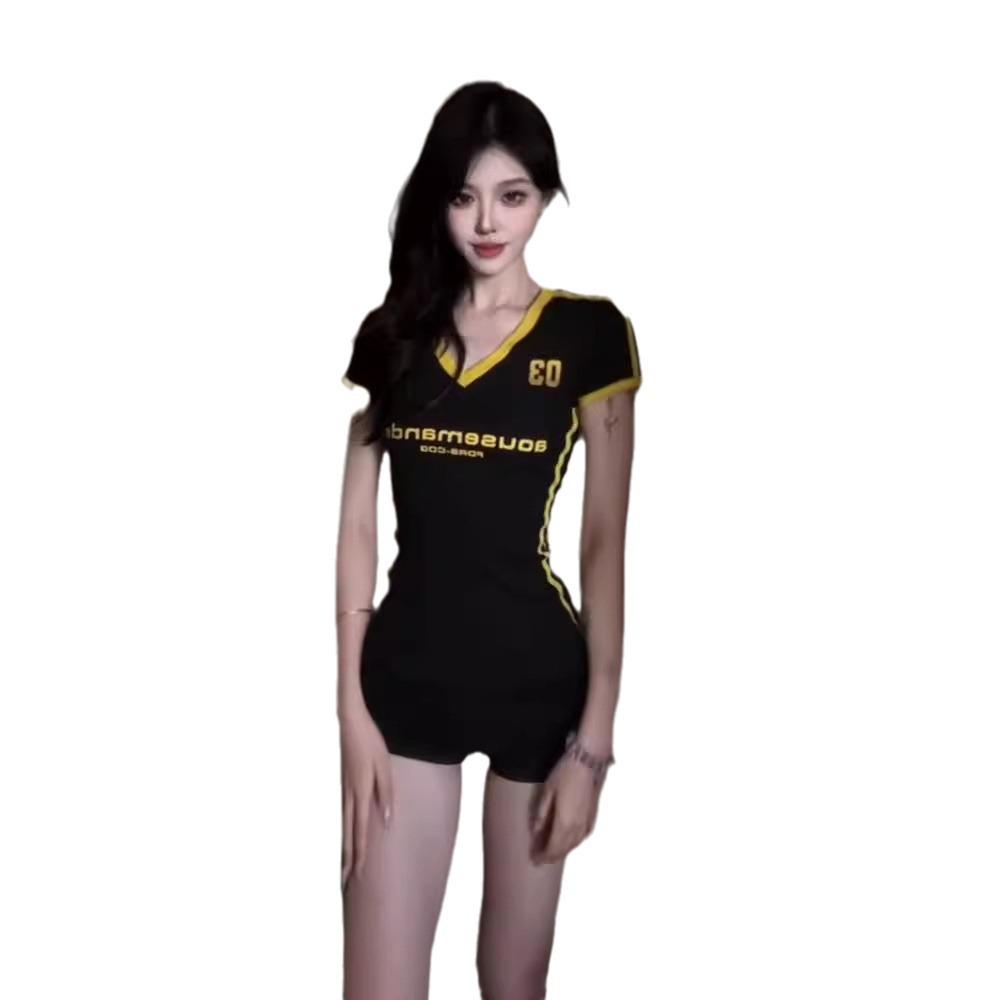 Retro Y2K Hot Girl Letter Print V-Neck Color Block Tee - Women's Summer Slim Fit