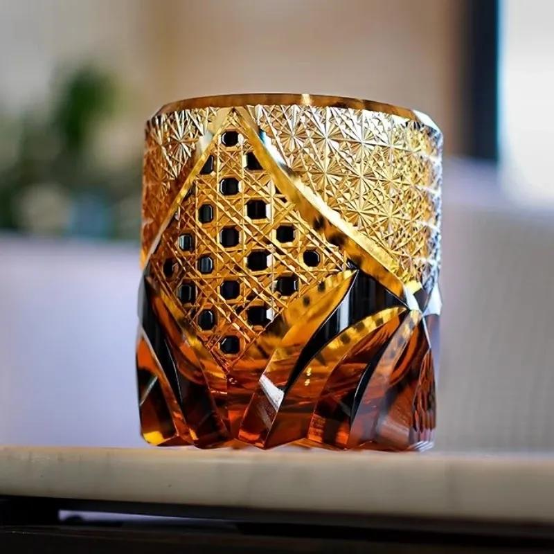 Japanese Black Warrior Armor Edo Kiriko Whisky Rock Glass Amber Crystals Whiskey Cup High-end Wine Glass Hand Cut Brandy Snifter