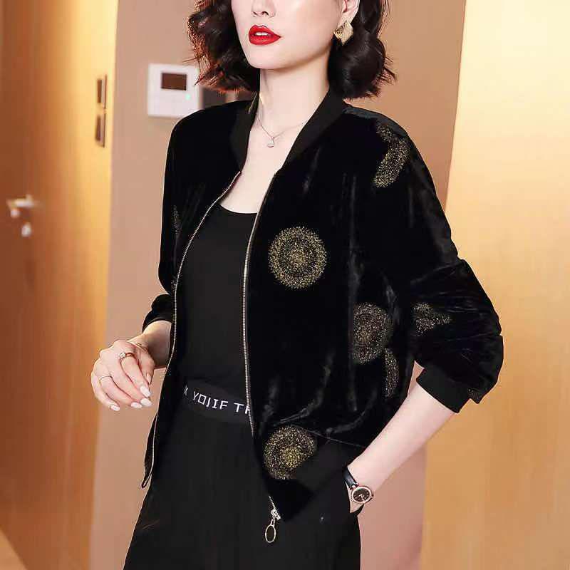 

Women s Autumn Hong Kong Style Golden Velvet Baseball Jacket - Loose Fit with Chic Print. 2XL