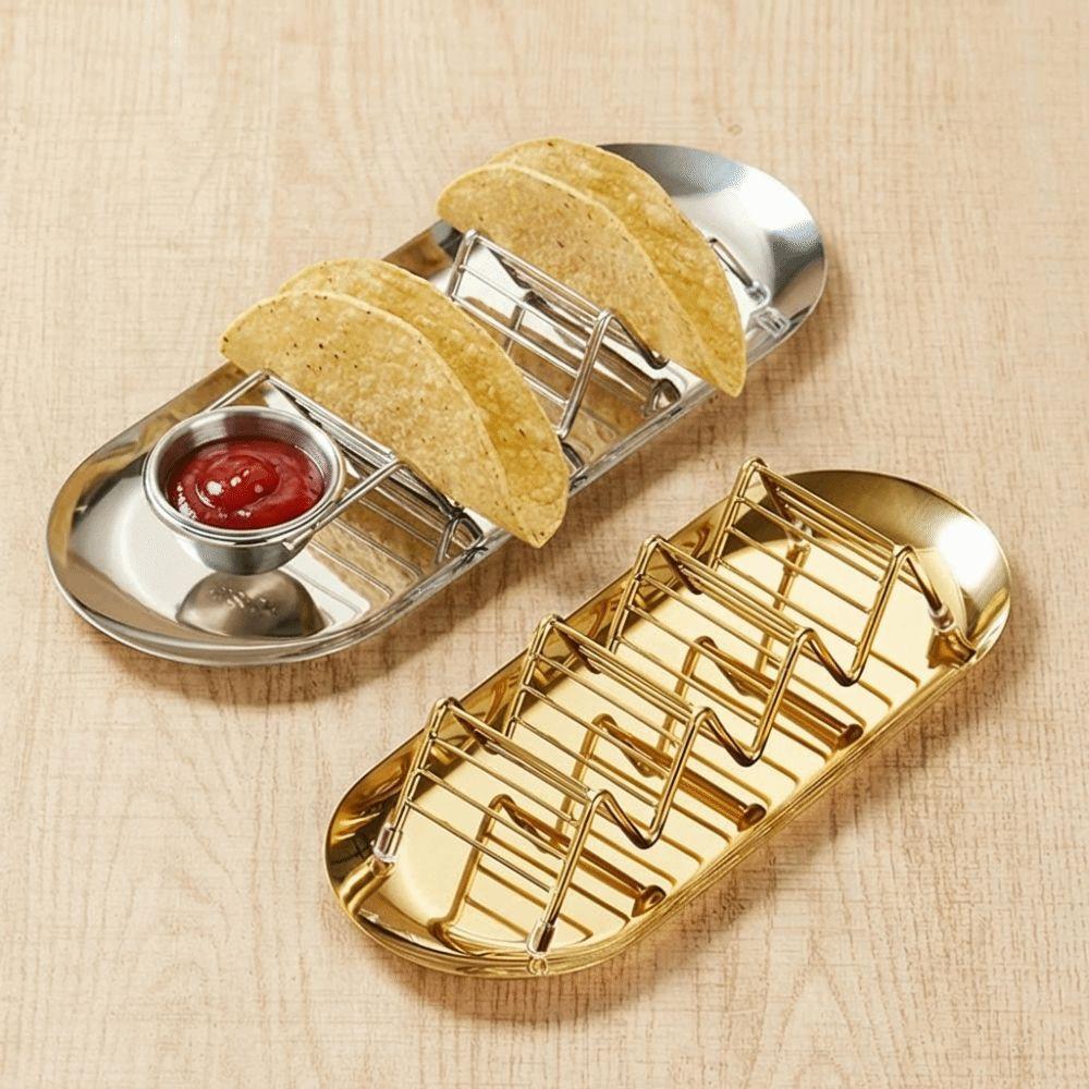 W-shaped Taco Stand with Tray Rust-proof Pancake Display Tray Stainless Steel Taco Holder Baking