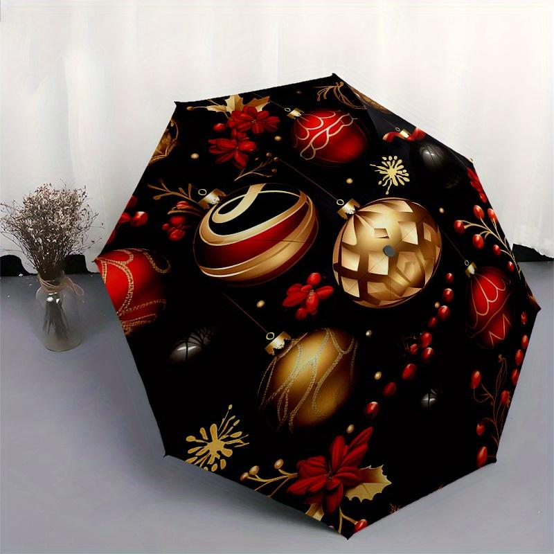 Weihnachtskugeln & Beeren Feiertags-Dekoratives Rundes Schirmchen, Tragbarer 3-fach Kompakter Regenschirm, Weihnachtsgeschenk ES420