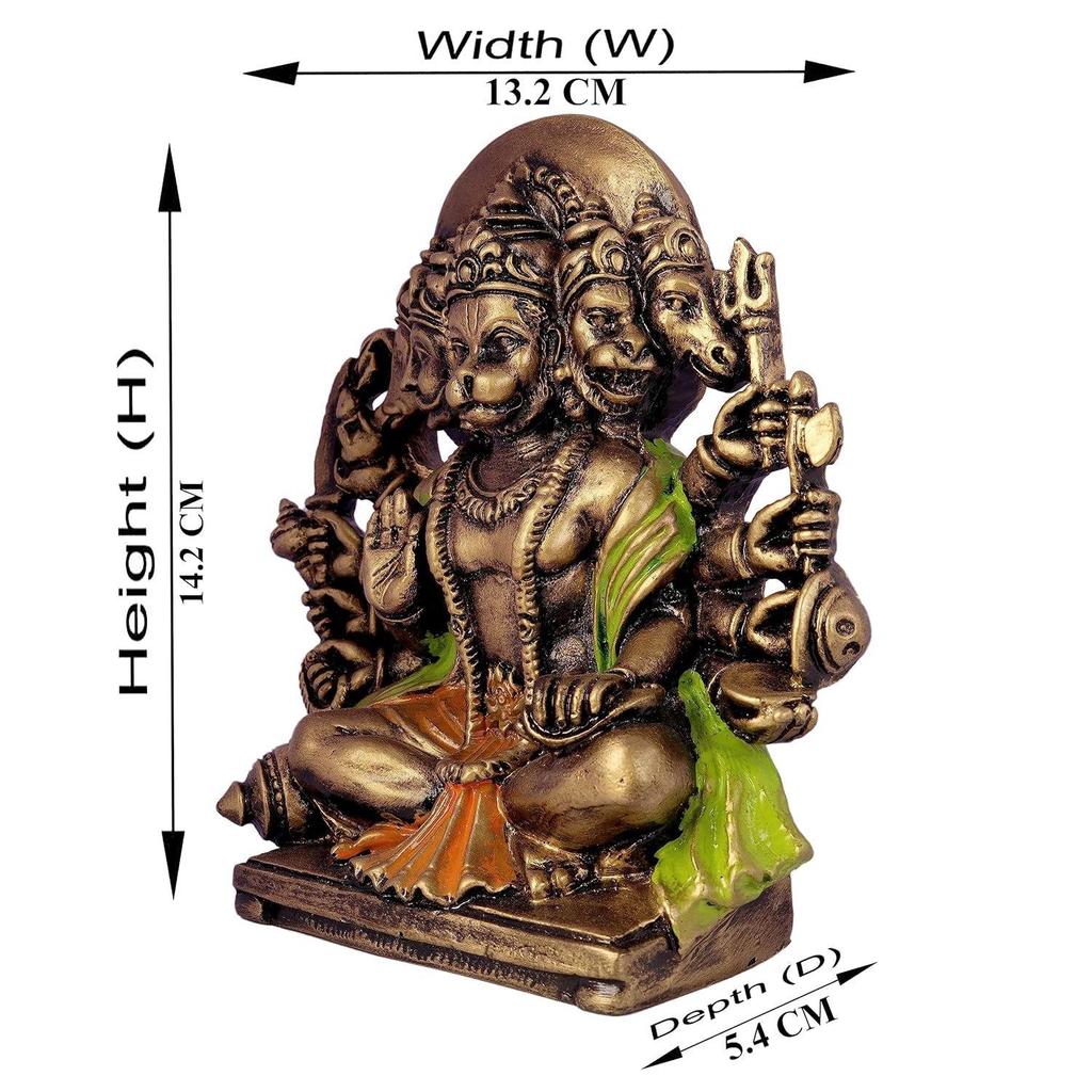 Multi Gold Colour Resin Panchmukhi Hanuman Murti Vintage Statue for Home Temple