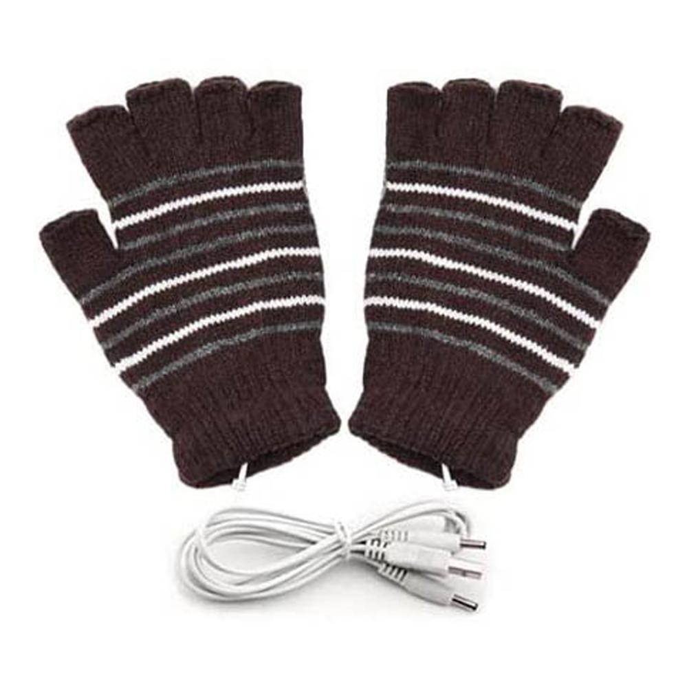 USB Heated Gloves Mitten for Men Women Striped Knit Fingerless Gloves Winter Hands Warmer Laptop Gloves for Adults
