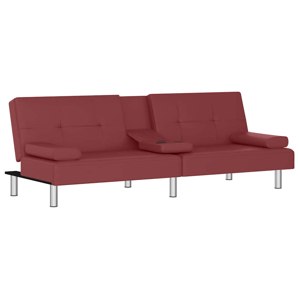 Sofa Bed with Drink Holders Red Faux Leather