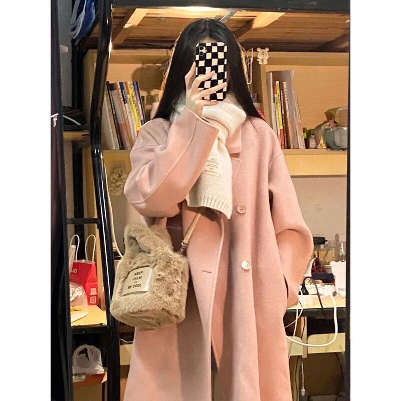 Oatmeal White Woolen Coat for Women Autumn Winter Mid-Length Over-the-Knee Slim-Fit Korean-Style High-End Woolen Outer Wear